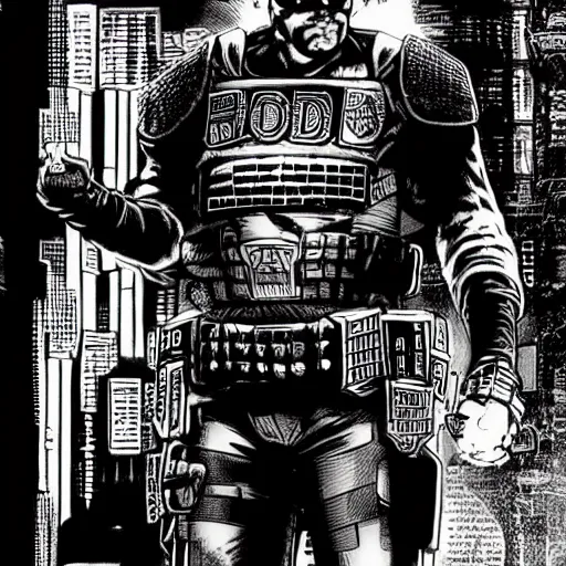 Image similar to judge dredd, megacity one police officer, crosshatch gritty cyberpunk run down city