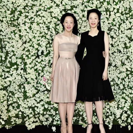 Image similar to zhangziyi and liuyifei in a same frame.flowers around.