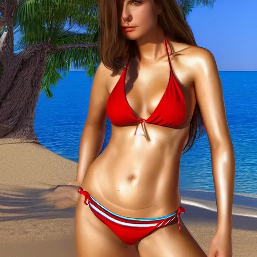 Image similar to Portrait of an extrovert cute girl posing in a bikini on the beach in the style of Mark Arian and Bell Julie, highly detailed, sharp focus, 8k render,