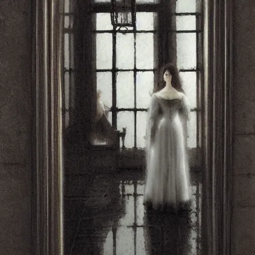 Prompt: a beautiful victorian woman is frightened by her doppleganger in a mirror. she is in a long hallway of mirrors. elegant design, haunting atmosphere, dimly lit, gothic, horror style, by greg rutkowski, realistic, low angle, 3 / 4 view.