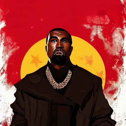 Image similar to kanye west in illustration red dead redemption 2 artwork of kanye west, in the style of red dead redemption 2 loading screen, by stephen bliss