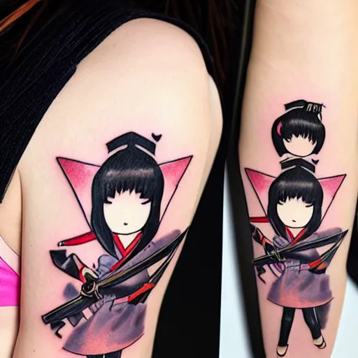 Image similar to japanese female samurai anime ninja schoolgirl, chibi, tattoo on upper arm