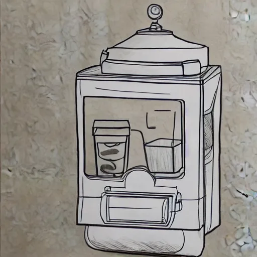 Prompt: a food dispenser surround by beautiful drawings, concept style