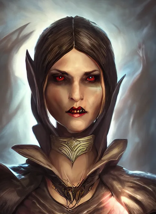 Prompt: A fantasy comic book style portrait painting of a vampiric female elf Sorcerer in a atmospheric dark fortress, unreal 5, DAZ, hyperrealistic, octane render, RPG portrait, ambient light, dynamic lighting