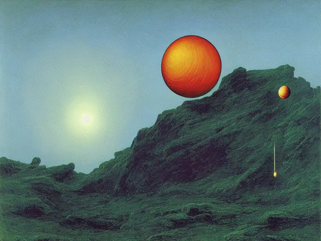 Image similar to into darkest cosmos, a dichroic colorful sphere levitating ior diffraction. painting by caspar david friedrich, roger dean, walton ford