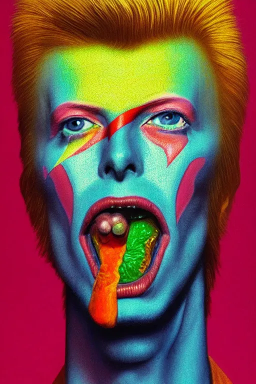 Prompt: a colorful vibrant closeup portrait of David Bowie licking a tab of LSD acid on his tongue and dreaming psychedelic hallucinations, by kawase hasui, moebius, Edward Hopper and James Gilleard, Zdzislaw Beksinski, Steven Outram colorful flat surreal design, hd, 8k, artstation