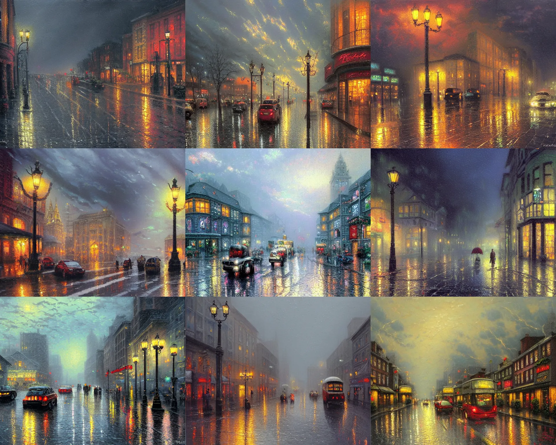 Prompt: city streets in a thunderstorm, grey, ominous, painting by thomas kinkade