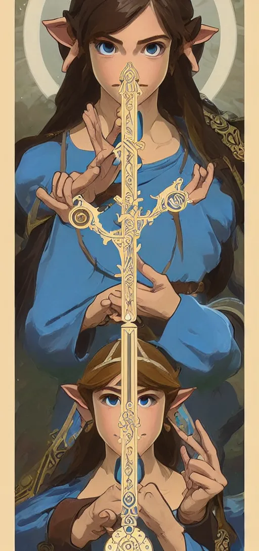 Image similar to perfectly detailed breath of the wild tarot card!! blessed by nature with ever - increasing physical mental perfection, symmetrical! intricate, sensual features, highly detailed, biblical divine holy perfection!! digital painting, artstation, concept art, smooth, sharp focus, illustration, art by artgerm and greg rutkowski and alphonse mucha