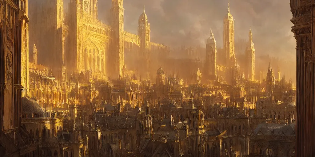 Prompt: rich golden mixed arabian and medieval european city, by joe dever, lone wolf, drapes, temple, town hall, traps, painted by greg rutkowski