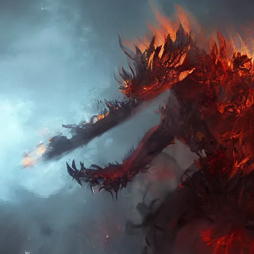 Image similar to A fire elemental monster, feral, horrific, drawn by Ruan Jia, fantasy art, dramatic lighting, digital art,highly detailed