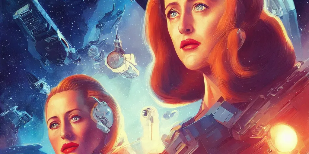 Image similar to Young Gillian Anderson as a stunning , beautiful retro SCI-FI space heroine 1985 , movie poster, intricate, elegant, highly detailed, centered, digital painting, trending on artstation, concept art, smooth, sharp focus, illustration, art by raphael lacoste ,eddie mendoza ,alex ross, WLOP