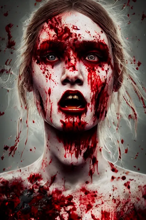 Prompt: photorealistic portrait of a viking girl roaring with blood splattered on her by ayami kojima and ewelina kowalczyk and alessio albi, trending on artstation