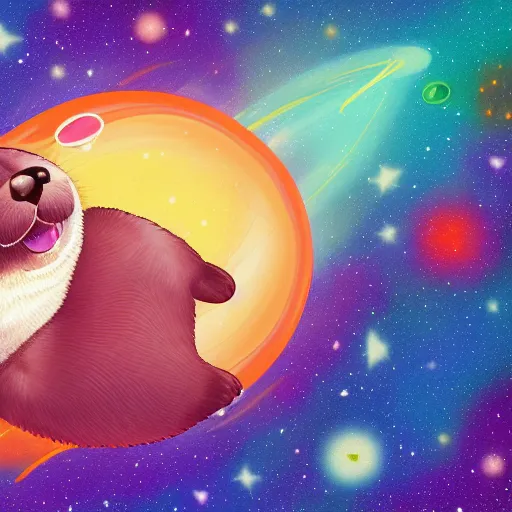 Prompt: digital illustration of a fat otter swimming through outer space, with colorful nebulae