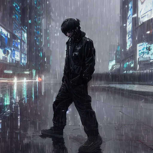 Dark anime guy in a rainy cityscape wearing a black hoodie