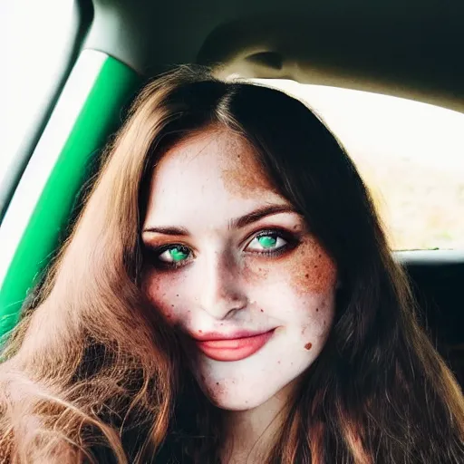 Image similar to a beautiful cute young woman with vivid emerald green eyes takes a photo of herself, sitting in her car, long bronze brown hair, flushed face, red blush, light freckles, big puffy lips, smiling softly, soft features, 8 k, sharp focus, instagram, portra 4 0 0
