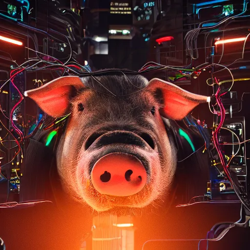 Image similar to a portrait photograph of a big aggressive male cyberpunk pig, circuit boards, motherboard, mainboard, wires, cable management, electrical wires, activity lights, cyberpunk, artstation, detail, hyperrealistic, digital photograph, natural light canon eos c 3 0 0, ƒ 1. 8, 3 5 mm, 8 k