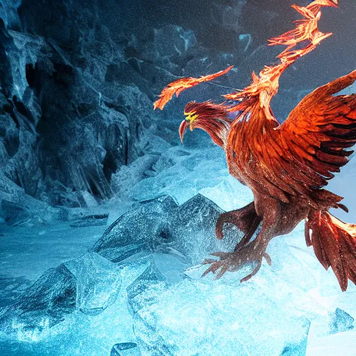 Prompt: a phoenix trapped inside a ice cinematic lighting ultra detail ultra realistic photo realistic octane render 4k