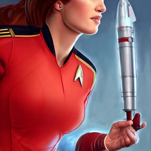 Image similar to ultra realistic illustration, bella thorne as captain janeway wearing star trek red uniform, intricate, elegant, highly detailed, digital painting, artstation, concept art, smooth, sharp focus, illustration, art by artgerm and greg rutkowski and alphonse mucha