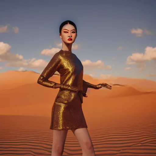 Image similar to innovative avant-garde art, deco fashion, asian women, highly detailed, photorealistic portrait, serene desert setting, golden hour, crisp quality and light reflections, unreal engine 5 quality render