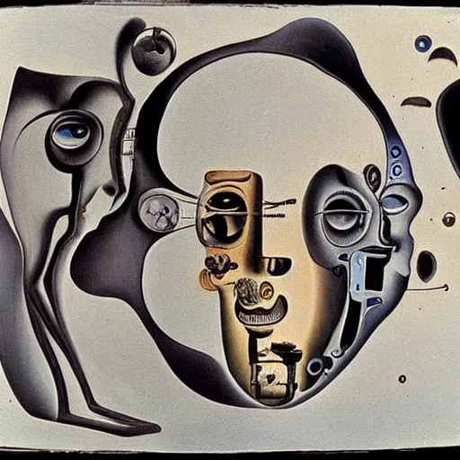 Image similar to Two mechanical beings in a deep conversation. Dali.