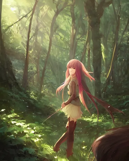 Prompt: an elven girl with a big skunk tail standing in the forest, atmospheric lighting. By Makoto Shinkai, Stanley Artgerm Lau, WLOP, Rossdraws, James Jean, Andrei Riabovitchev, Marc Simonetti, krenz cushart, Sakimichan, D&D trending on ArtStation, digital art.