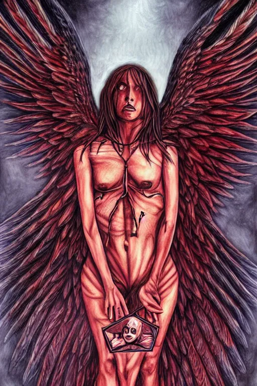 Prompt: human need death angel, realistic, art by cinta arribas colored by sonia alins, line by benjamin flouw