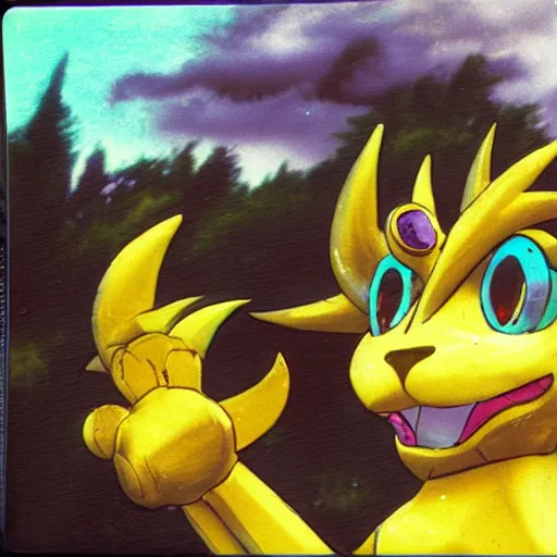 Prompt: 90s vignette photo of Renamon from Digimon washing a 90s car in a suburban neighborhood, realistic Polaroid picture, weathered artifacts