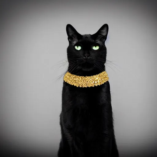 Image similar to Magestic Black cat wearing gold Jewlery, award winning photo, dramatic lighting