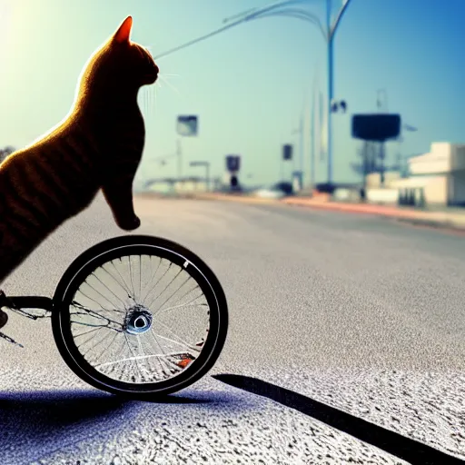 Prompt: cat using bicycle, photo realistic, realistic lighting, realistic shadows, 4 k