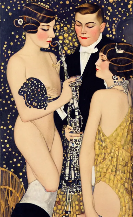 Image similar to an oil painting of jazz age high society life, 1920s style, dressed in 1920s fashion, smooth, highly detailed, high contrast, by Klimt, Coles Phillips, Dean Cornwell, JC Leyendecker, 8K