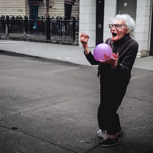 Image similar to elderly woman screaming at a balloon, canon eos r 3, f / 1. 4, iso 2 0 0, 1 / 1 6 0 s, 8 k, raw, unedited, symmetrical balance, wide angle