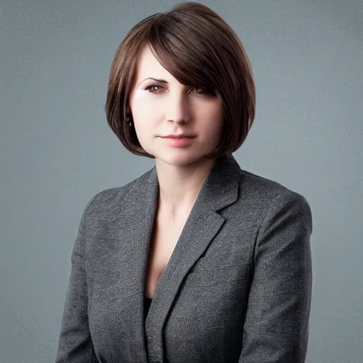 Image similar to brunette woman, short messy hair, business suit, bright green eyes