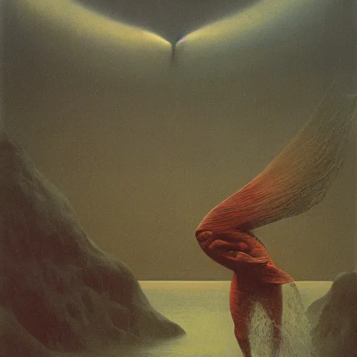 Image similar to salmon jumping out of a river by zdzisław beksinski