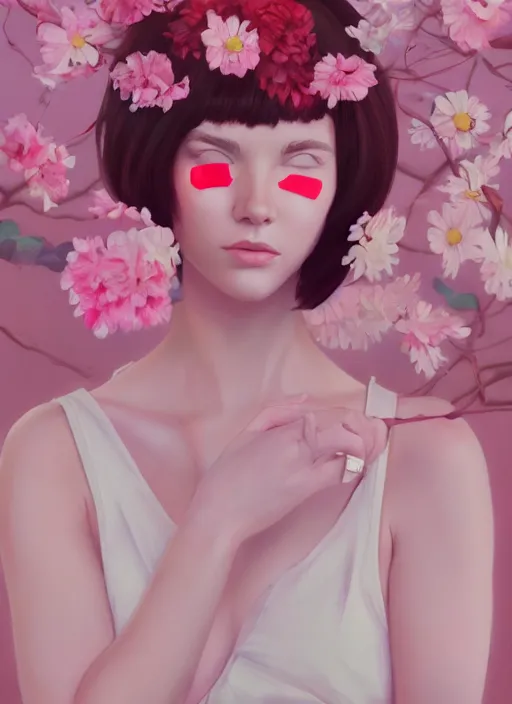 Image similar to still from music video, beautiful women blindfold, flowers, street clothes, full figure portrait painting by martine johanna, ilya kuvshinov, rossdraws, pastel color palette, 2 4 mm lens