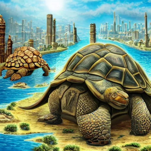 Image similar to Large Fantasy City perched atop a Giant tortoise stomping through the hot sunny desert, High detail, Dungeons and Dragons, Focus on giant tortoise, 4k