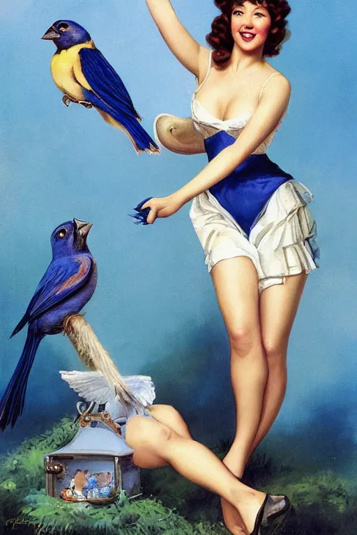 Image similar to portrait of sophie marceau as pinup girl holding an indigo bunting, bird, the bird is wearing a bowtie, by greg rutkowski, rossdraws, gil elvgren, enoch bolles, porcelain skin, glistening, very coherent,