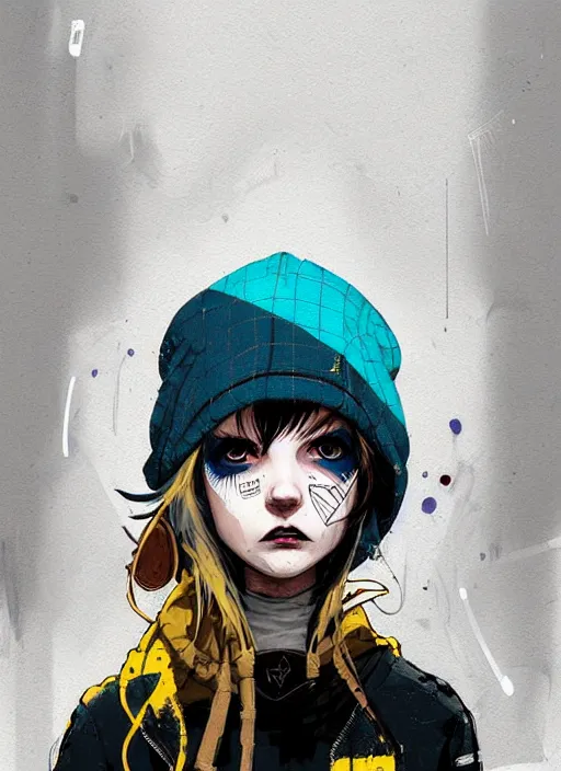 Image similar to highly detailed portrait of a sewer punk lady student, blue eyes, tartan hoody, hat, white hair by atey ghailan, by greg rutkowski, by greg tocchini, by james gilleard, by joe fenton, by kaethe butcher, gradient yellow, black, brown and cyan color scheme, grunge aesthetic!!! ( ( graffiti tag wall