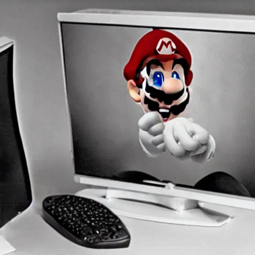 Image similar to super Mario sitting in front of a computer screen with a skull and bones, 90s tv ad