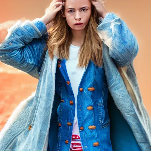 Prompt: a portuguese girl with white - fair!!!!! skin, dirty blonde hair and blue eyes, wearing a disney land coat and blue jeans, 4 k, 8 k, photorealistic facial features