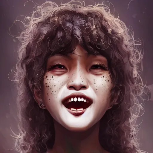 Prompt: a brown skinned asian vampire girl, child, freckles, evil smile, fangs, messy curly hair, embers intricate and very beautiful and elegant, highly detailed, digital painting, artstation, concept art, smooth and sharp focus, cg by tian zi and wlop