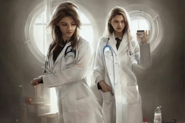 Image similar to a poster of emergency room, an elegant and beautiful female doctor in a white coat, cinematic, highly detailed, digital painting, artstation, concept art, matte, sharp focus, illustration, industrial light and magic, art by artgerm and greg rutkowski