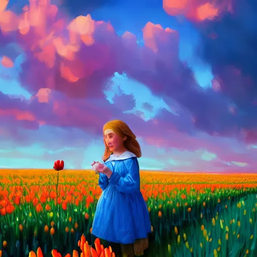 Image similar to dutch girl with singular giant tulip as a head, surreal photography, flower field, sunset dramatic light, impressionist painting, colorful clouds, blue sky, digital painting, artstation, simon stalenhag