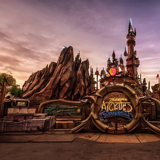 Prompt: photo of a post - apocalyptic disneyland