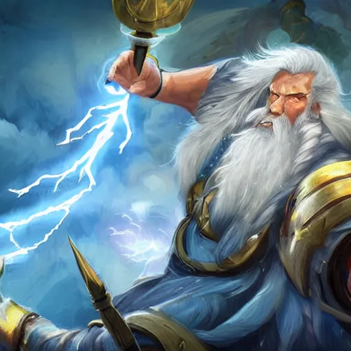 Image similar to zeus with white beard and hair, lightning bolt in zeus's hand, hearthstone art style, epic fantasy style art, fantasy epic digital art, epic fantasy card game art, zoom out