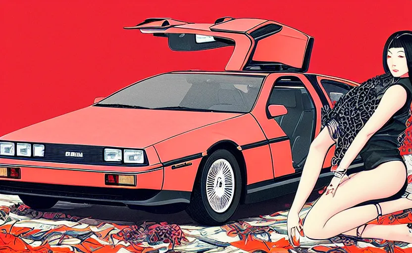 Prompt: a red delorean, tiger stripe backdrop, art by hsiao - ron cheng and utagawa kunisada, magazine collage, # e 4 e 6 2 0, # de 9 5 f 0