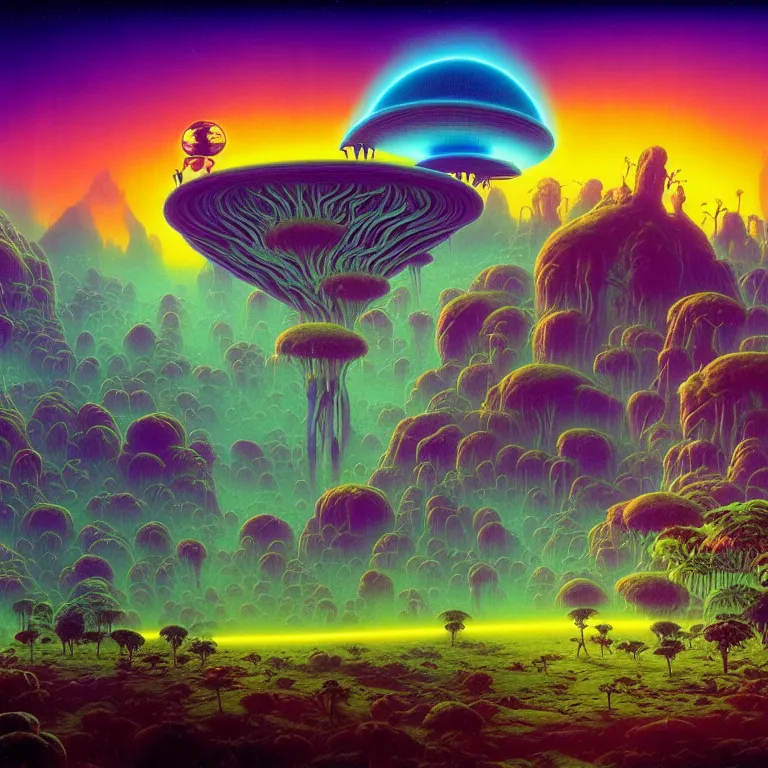 Image similar to mysterious ancient dieties hovering over magical quantum jungle, infinite psychic waves, synthwave, bright neon colors, highly detailed, cinematic, wide angle, tim white, michael whelan, roger dean, bob eggleton, lisa frank, vladimir kush, kubrick, kimura, isono