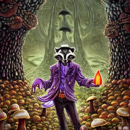 Image similar to 4 k headshot portrait of a psychedelic demonic anthropomorphic badger with mushroom themed clothes, magic mushroom village in background by jeff easley, award winning, stylized neon, post - processing, masterpiece, superb resolution. in the art style of junji ito and greg rutkowski. detailed mushroom city in background. hyper realistic anime. perfect art. dalle 2