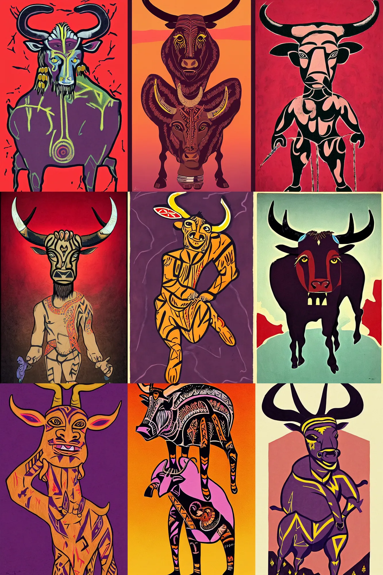 Prompt: a shaded painted full body illustration of a male minotaur with glowing tribal skin markings in a dark cave environment with a bovine head, painterly, detailed, art - deco, red and purple palette : : 0. 3 by 1 9 6 0 ’ s advertising art, stylized, propaganda art, rule of thirds, beautiful
