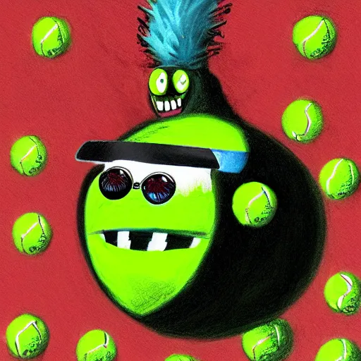 Image similar to a tennis ball monster ,tennis ball, chalk, digital art, fantasy, magic, trending on artstation, ultra detailed, professional illustration by Basil Gogos