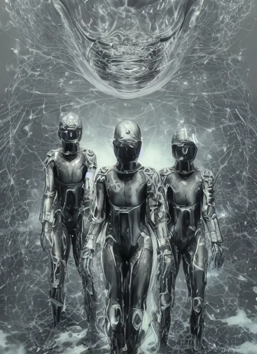 Image similar to astronauts in dark and empty void underwater - complex and hyperdetailed technical suit. reflection and dispersion materials. rays and dispersion of light. volumetric light. 5 0 mm, f / 3 2. noise film photo. flash photography. ultra realistic, wide angle. poster by wayne barlowe, hajime sorayama aaron horkey, craig mullins
